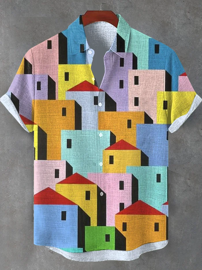 Men's Multicolor Houses Color Block Art Print Vacation Shirt