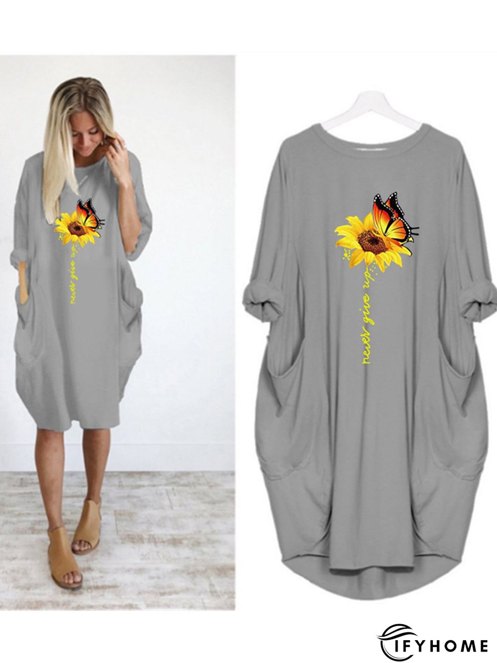 Casual Plus Size Round Neck 3/4 Sleeve Midi Knitting Dress | IFYHOME