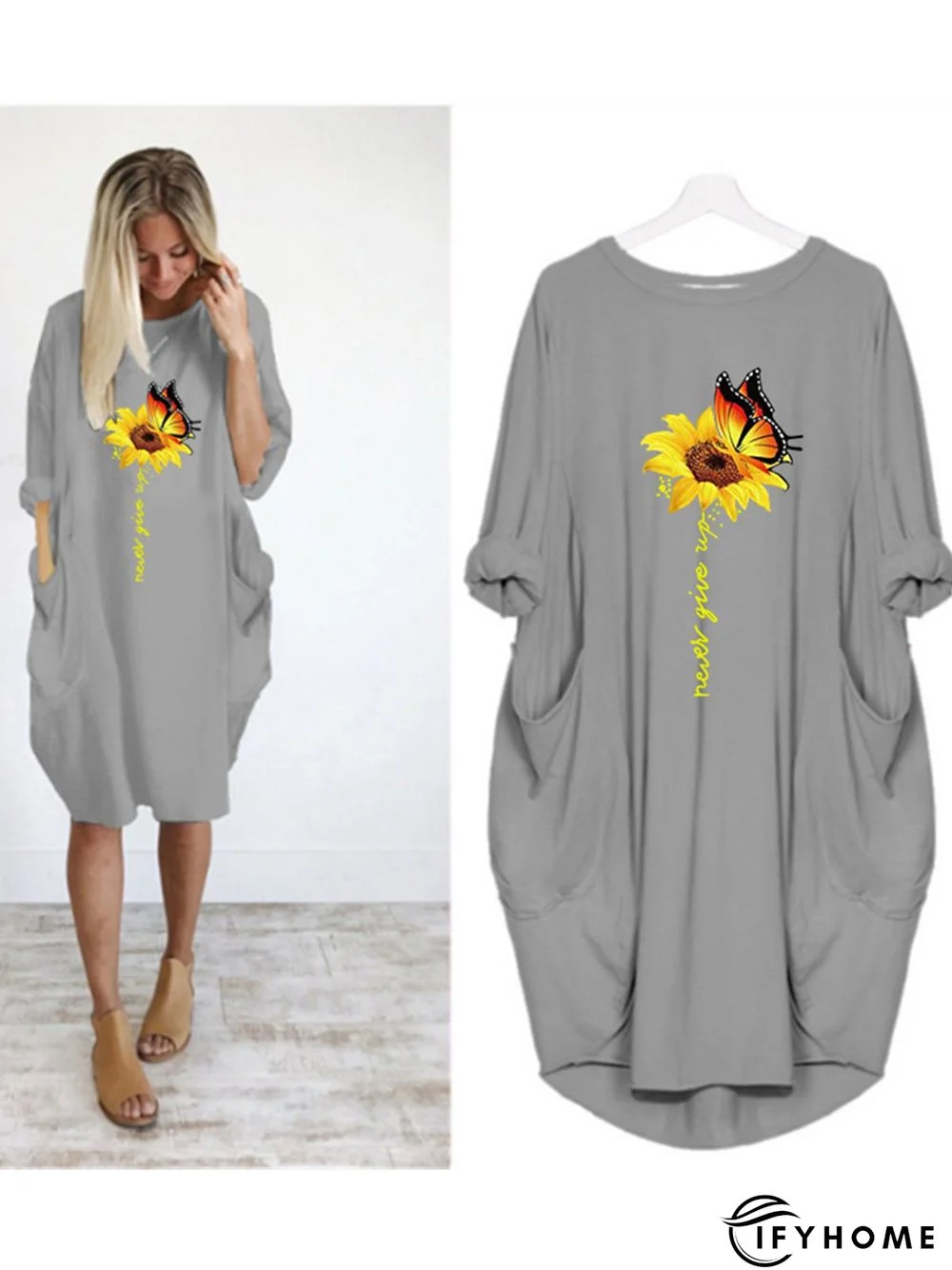 Casual Plus Size Round Neck 3/4 Sleeve Midi Knitting Dress | IFYHOME