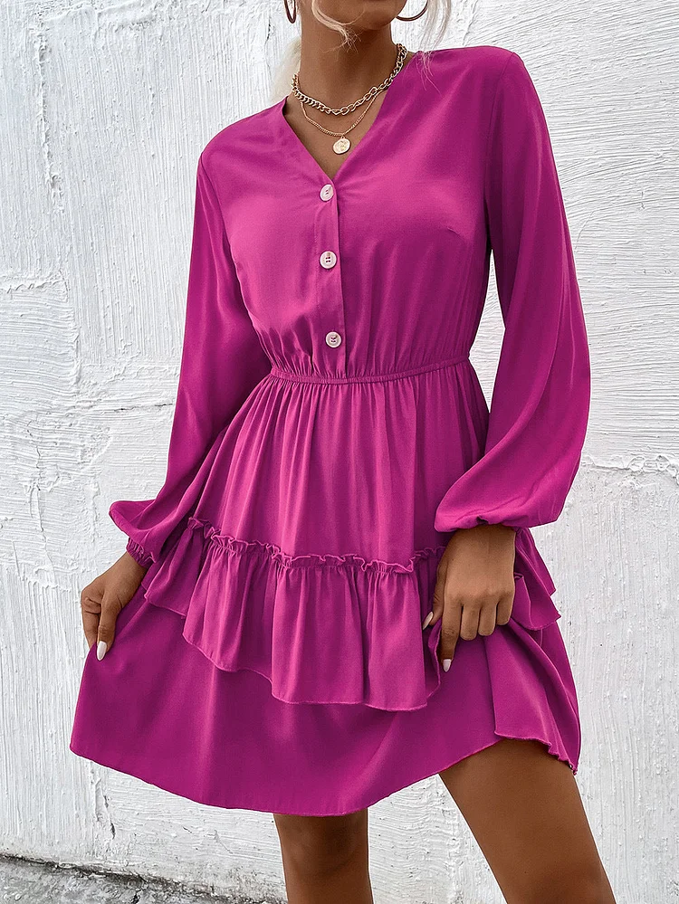 Balloon Sleeve V-Neck Layered Dress