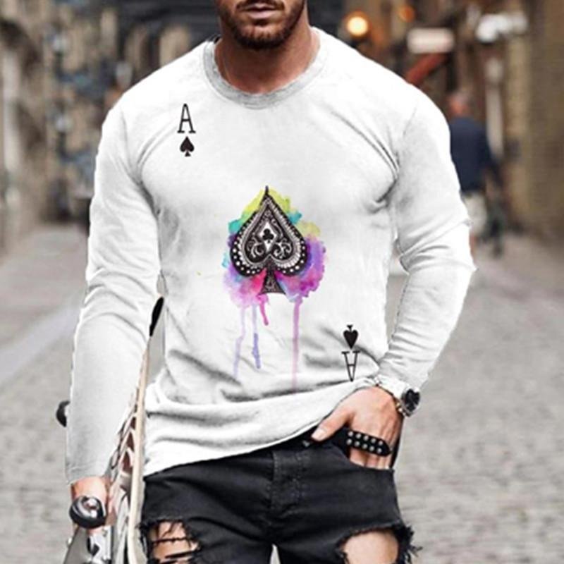 Men's Street Leisure Trend Poker Printed Flower Long Sleeve T-Shirt