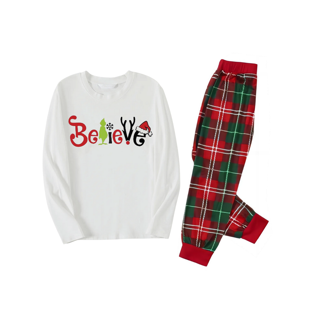 Christmas 2024 "Believe" Letter White Long Sleeve Top with Red & Green Plaid Pants Couple Matching Pajamas