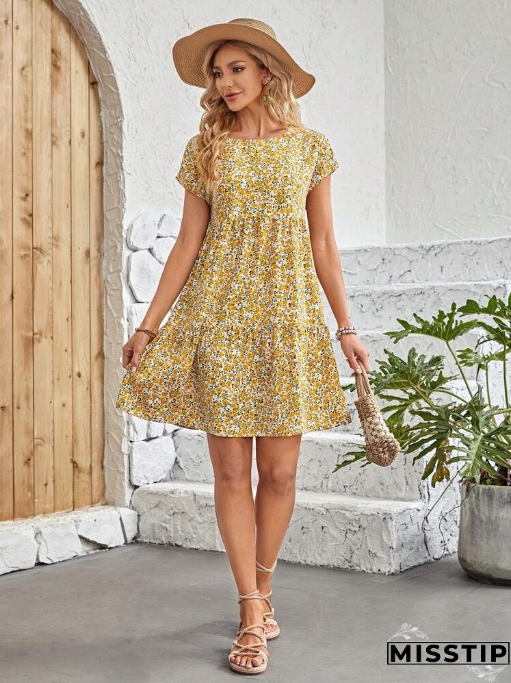 Ditsy Floral Print Batwing Sleeve Smock Dress