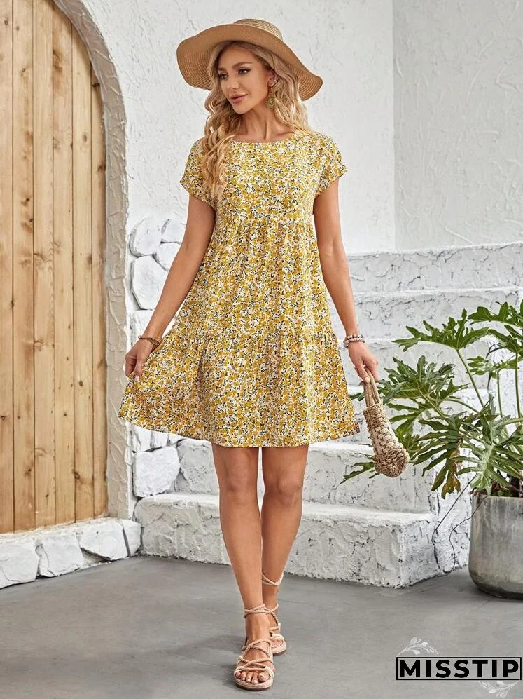 Ditsy Floral Print Batwing Sleeve Smock Dress