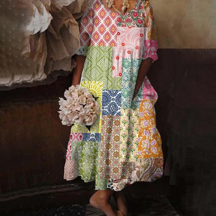 VChics Vintage Bohemian Resort Floral Casual Spring Midi Dress