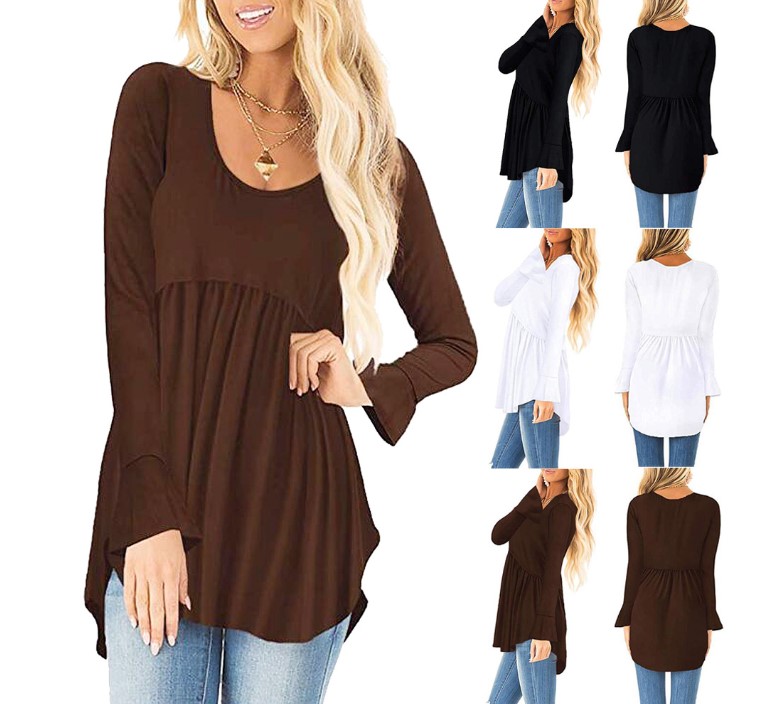 Long sleeve Casual Crew Neck Folds Solid Blouse