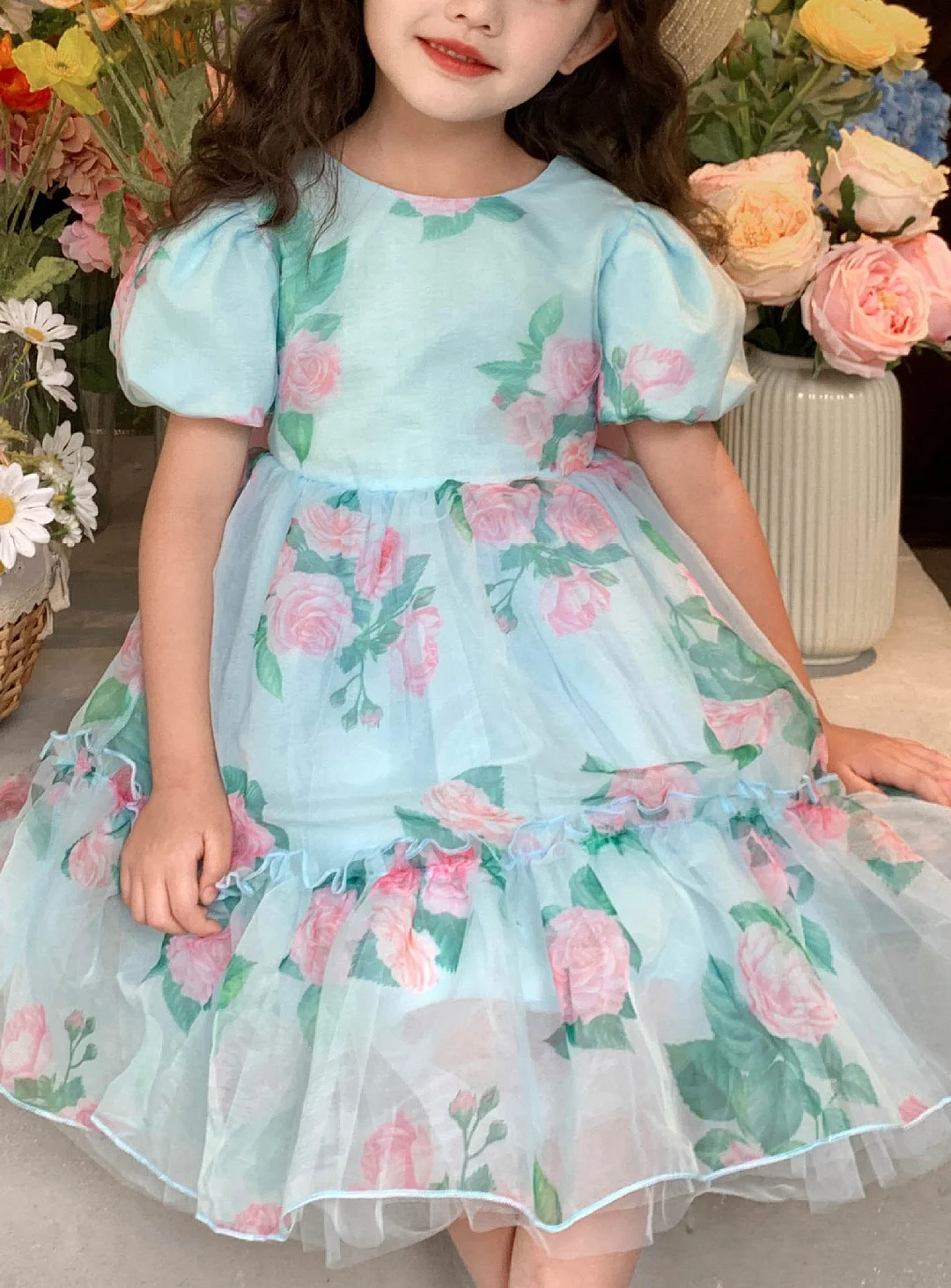 Girls' Floral Pattern Bubble Sleeve Princess Dress