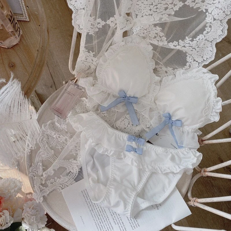 Wriufred Underwear suit girl sweet cute hollow embroidery lingerie set cotton lace edge tube top thin bra set gathered bralette
