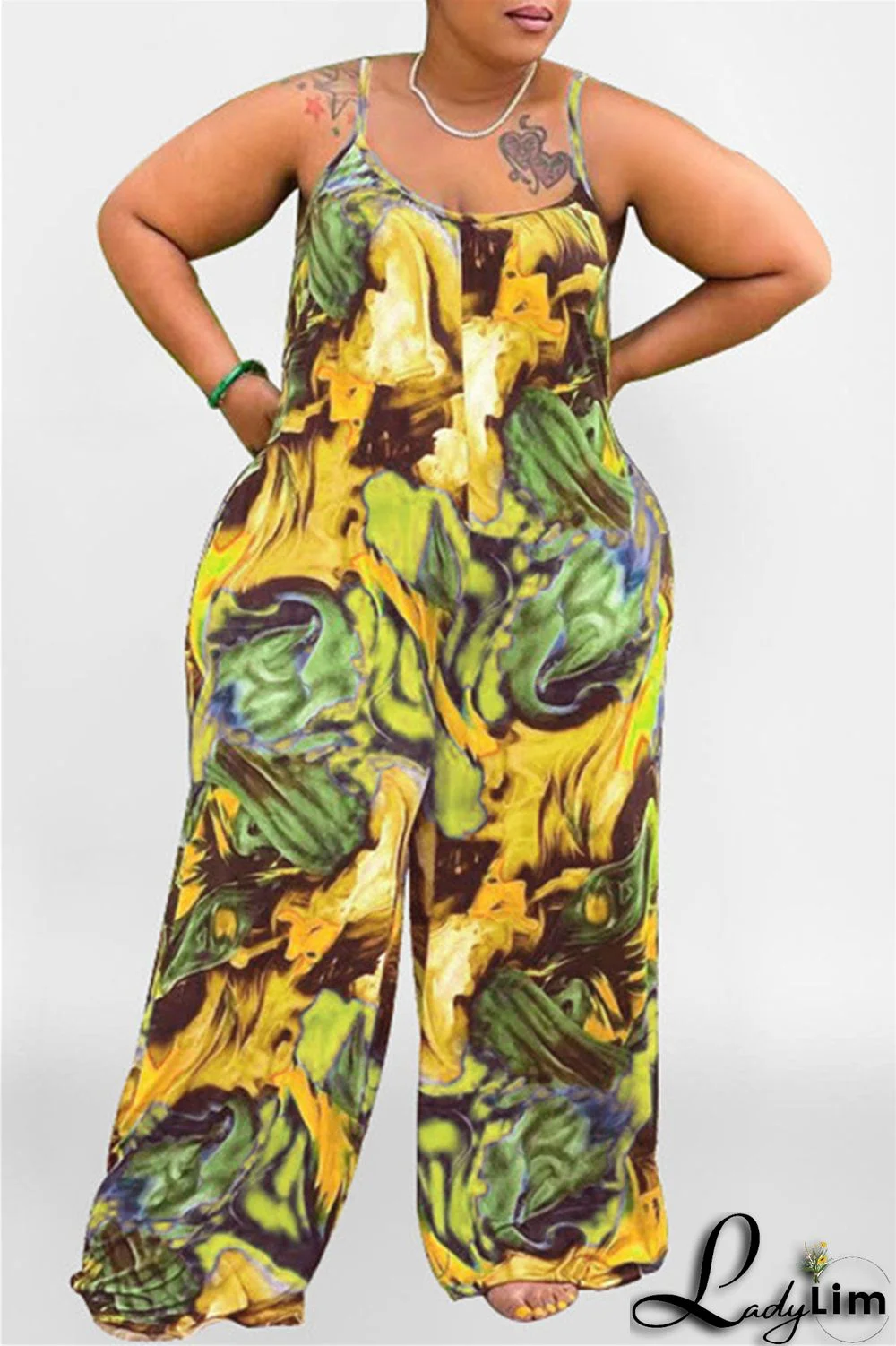 Coffee Sexy Casual Print Backless Spaghetti Strap Plus Size Jumpsuits