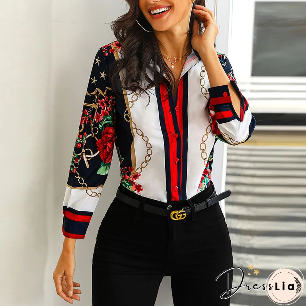 Women Floral Chain Print Elegant Blouse