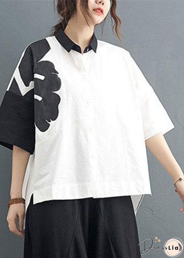 Organic White Print Black Harem Two Pieces Set Summer Cotton Linen