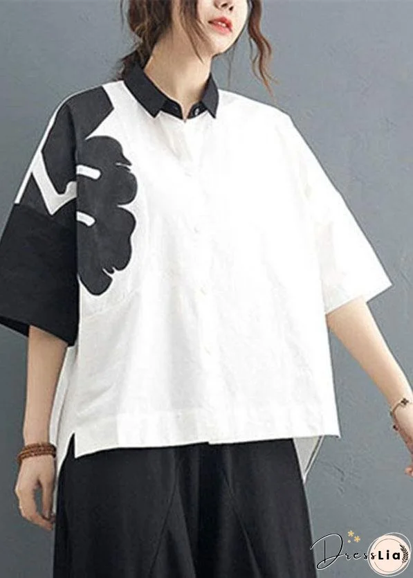 Organic White Print Black Harem Two Pieces Set Summer Cotton Linen
