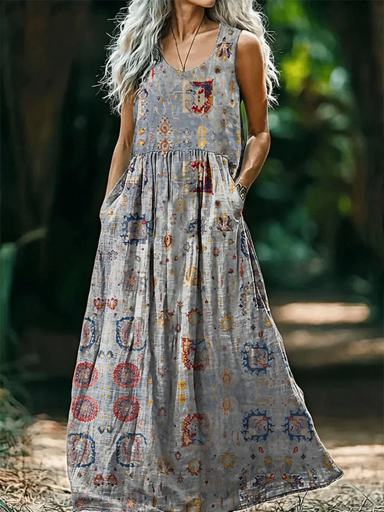 Women's Vintage Tattoo Pattern Art Print Round Neck Sleeveless Cotton Pocket Dresses