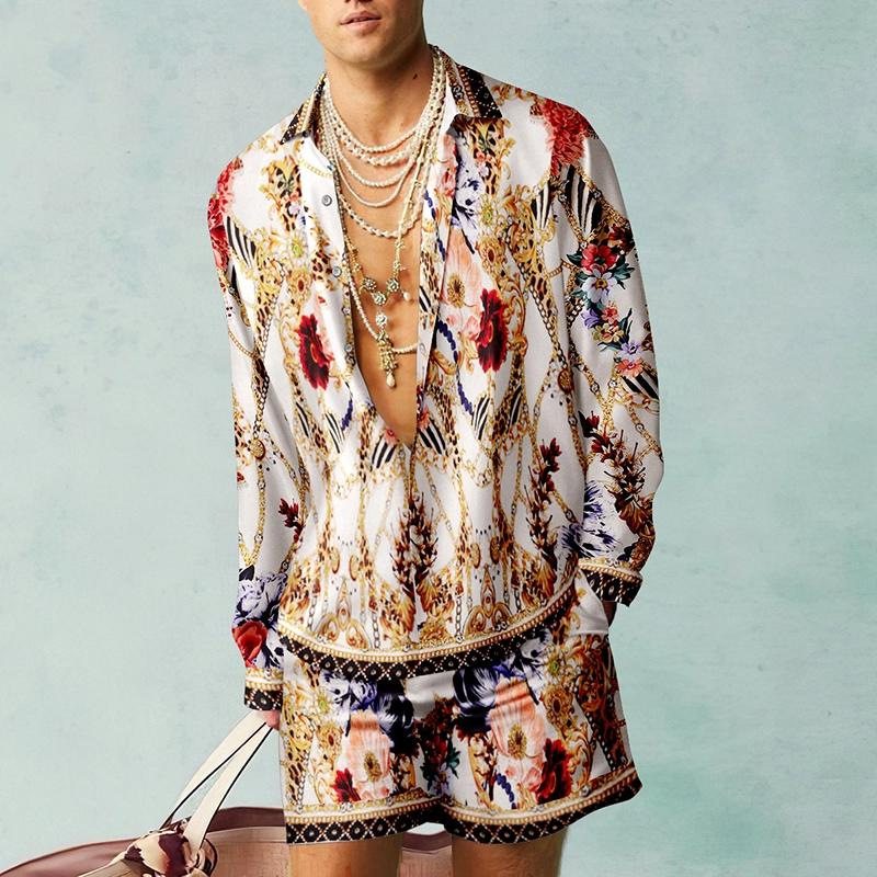 Thoval Fashion 3D Print Two Piece Set Men Long Sleeve Lapel Shirts And Shorts Casual Loose Suits Summer Hawaiian Beach Outfits Male