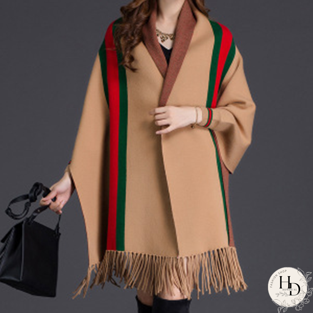 Black Casual Street Striped Tassel Outerwear