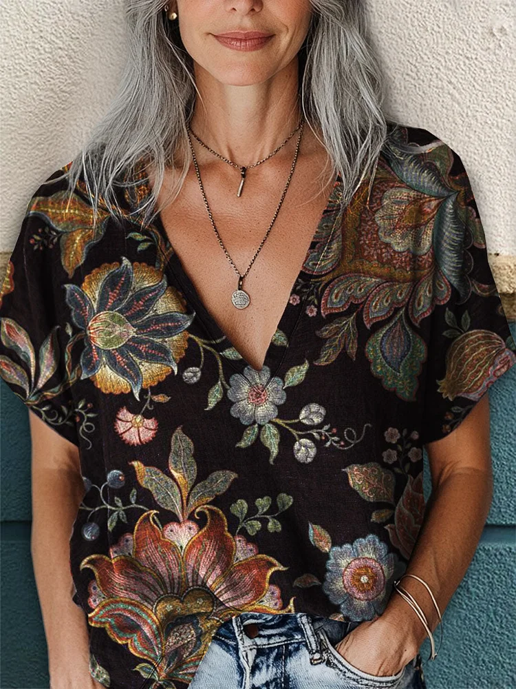 Women's Floral V-neck Casual T-Shirt
