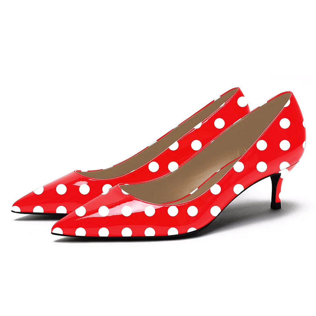 Red Patent Leather Polka Dot Pointed Toe Kitten Heel Pumps for Women