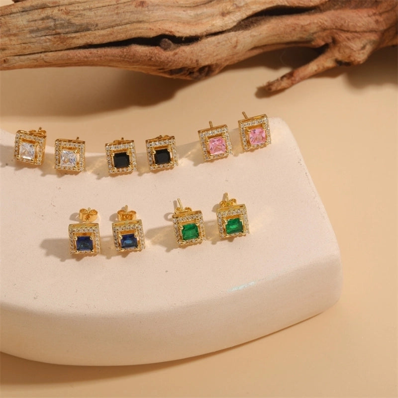 1 Pair Vintage Style Minimalist Square Plating Inlay Brass Zircon 14k Gold Plated Ear Studs