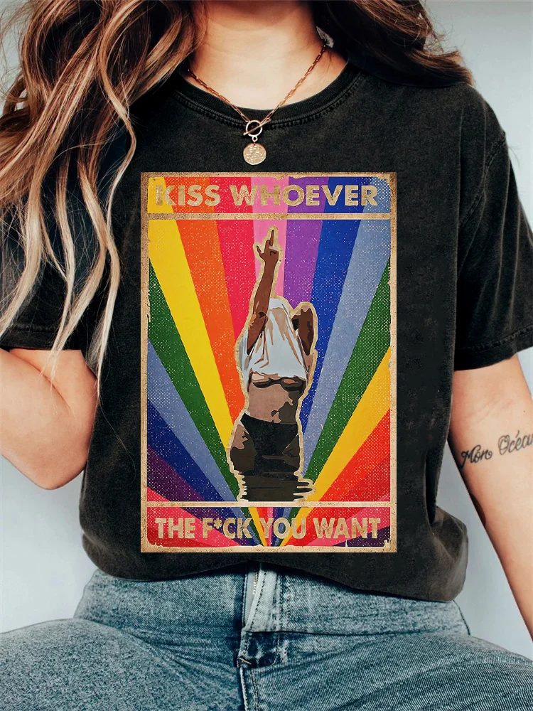 Women's Pride Day Rainbow Color Element Kiss Whoever The Fuck You Want Print T-Shirt