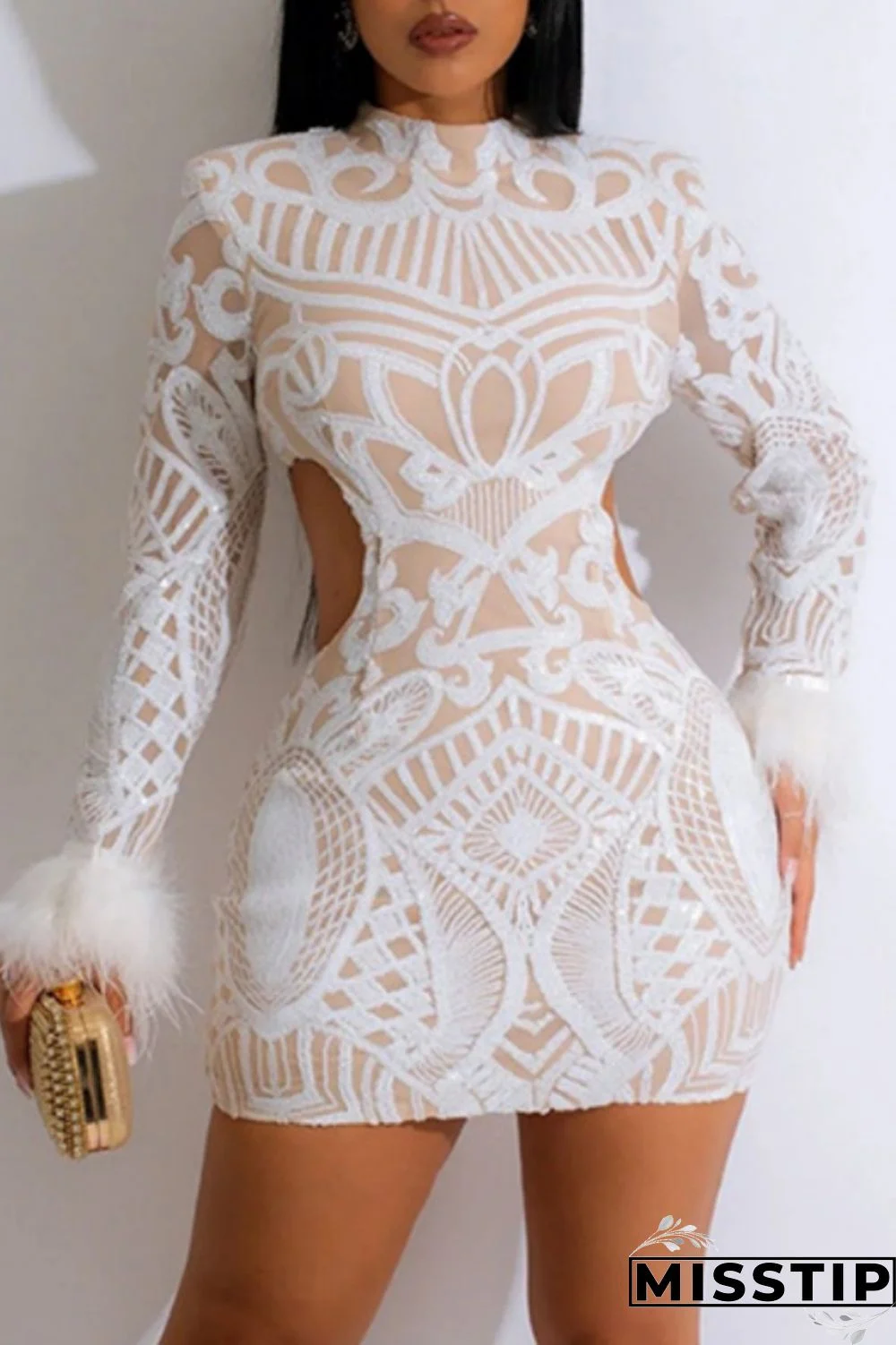 White Sexy Patchwork Hollowed Out Sequins Half A Turtleneck Long Sleeve Dresses