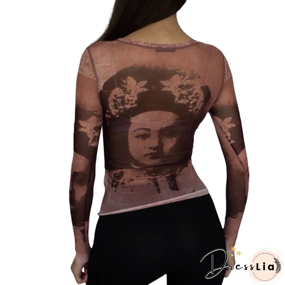 Y2k Women Long Sleeve T-shirt Anime Aesthetic Portrait Printing Mesh Yarn Round Neck Tops Goth Harajuku Streetwear