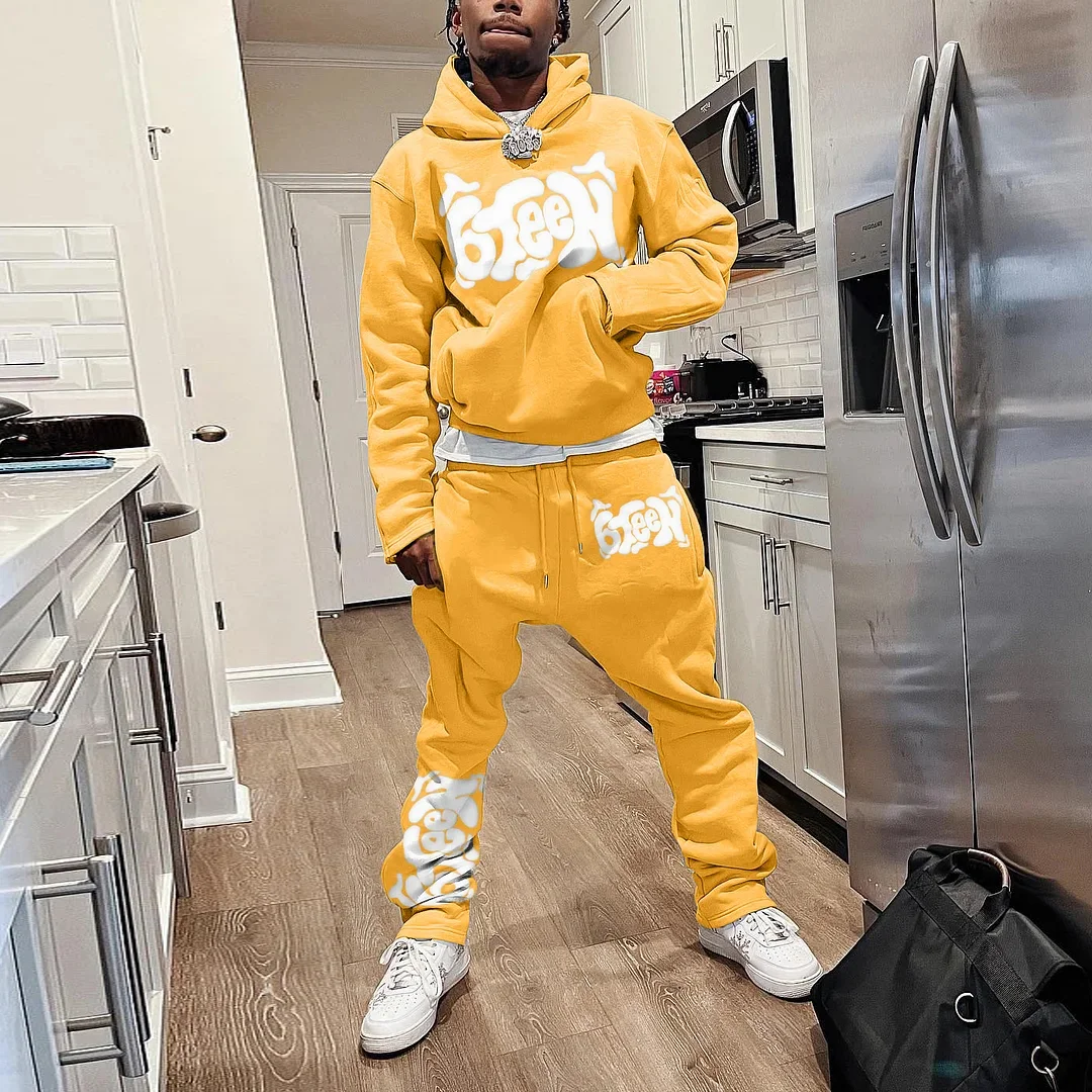 Casual Personalized Monogram  Hip Hop Hoodie & Flared Trousers Two Piece Set