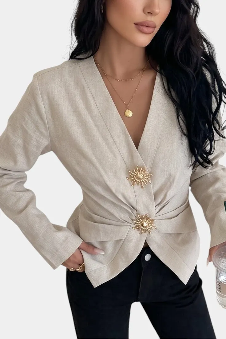 V-Neck Wrap Blazer with Sunburst Buttons