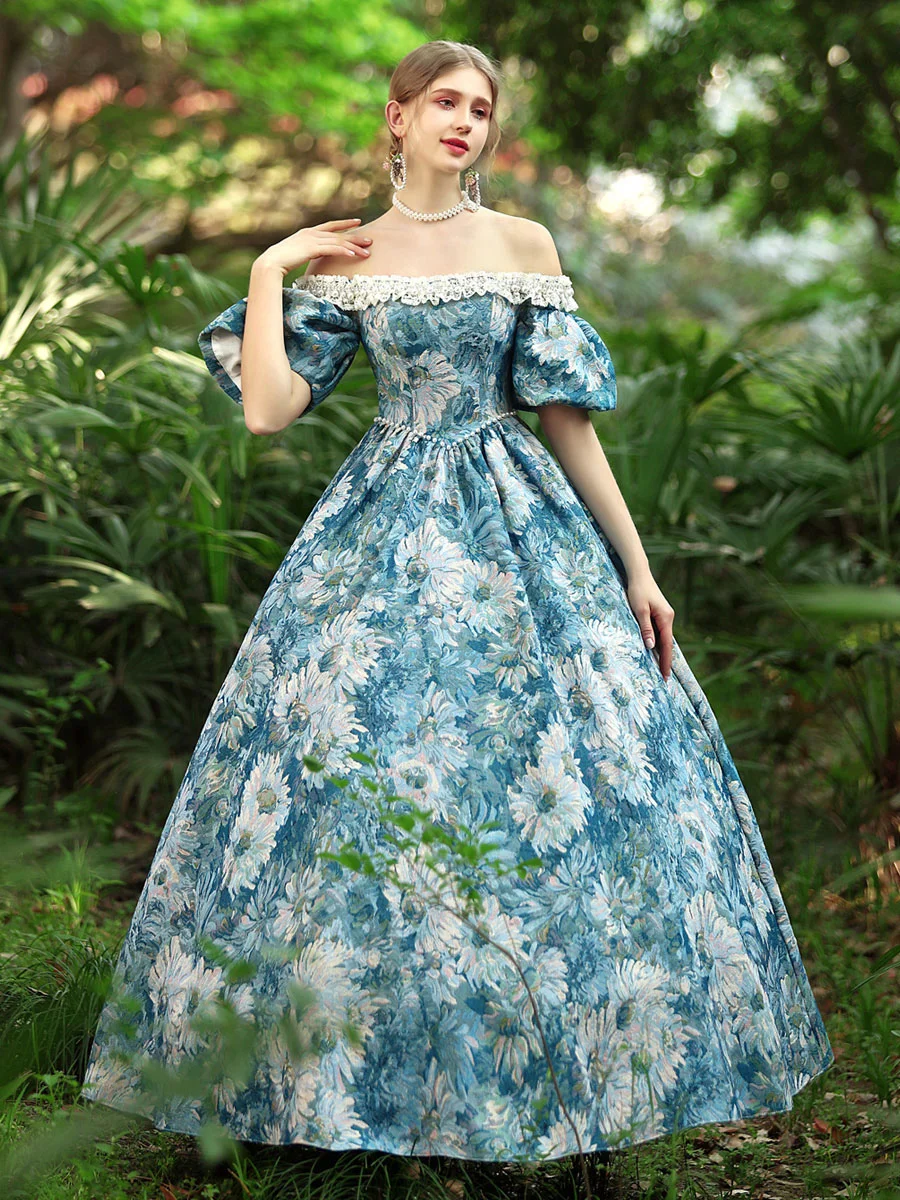 Light Sky Blue Retro Costumes Women Victorian Floral Print Dress Marie Antoinette Costume 18th Century Ball Gown Dress Novameme