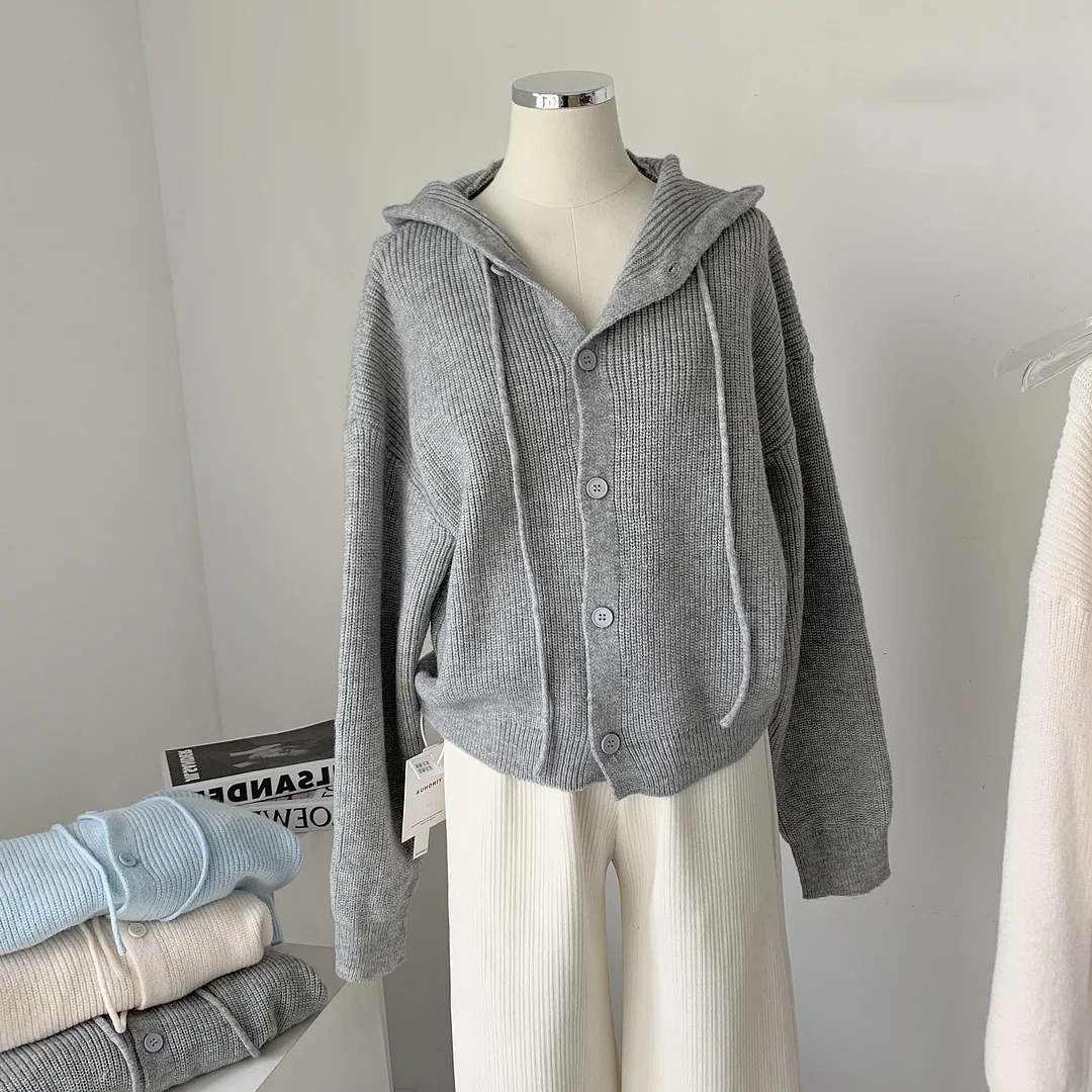 Uveng Uveng And Winter Long Sleeve Hooded Knitted Knitted Women's Solid Color Design Wearing Milk Sweater Cardigan Jacket Solid Color