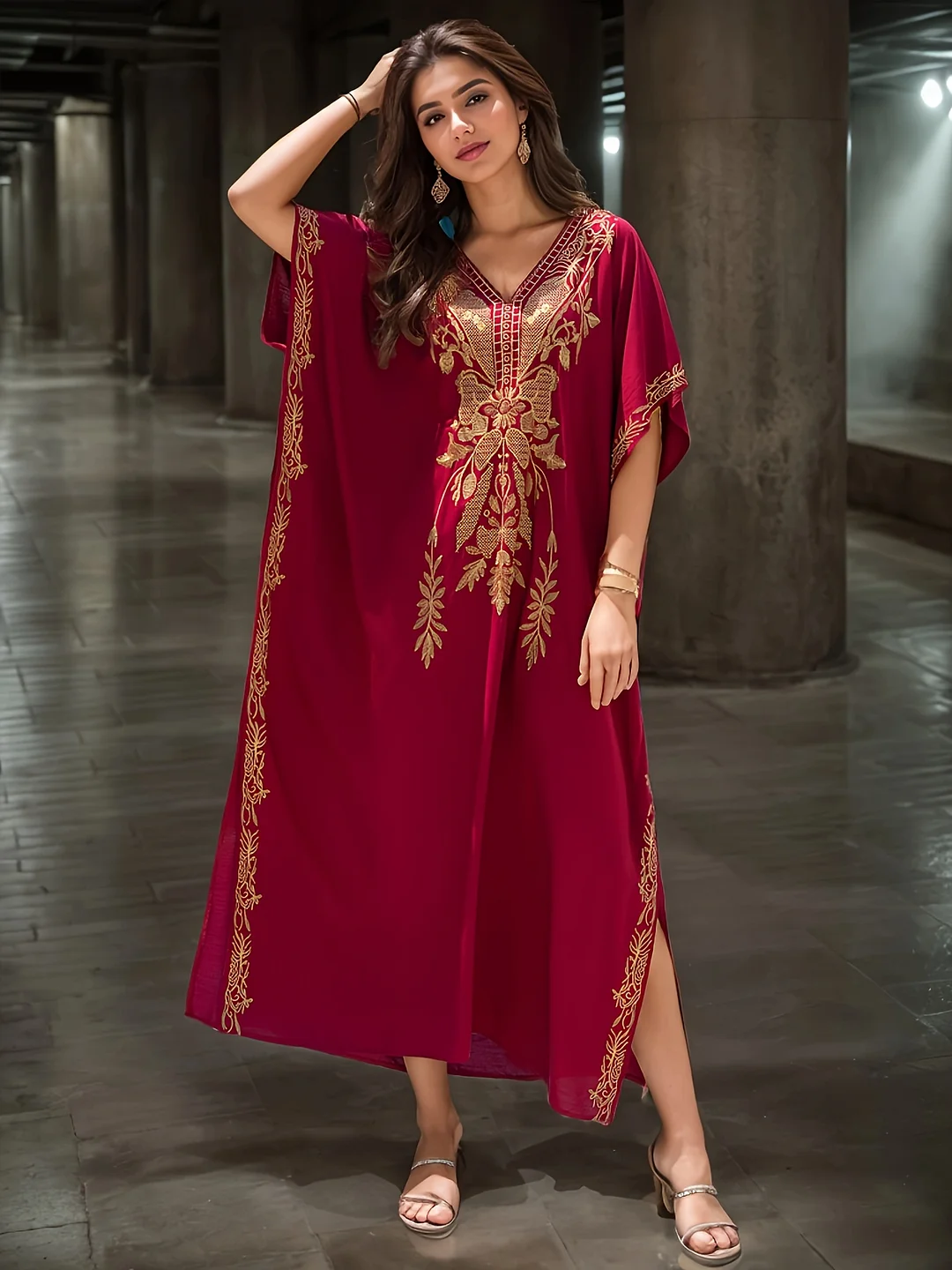 Plus Size Embroidered Kaftan Dress, Casual Batwing Sleeve V Neck Split Maxi Dress, Women's Plus Size Clothing | IFYHOME