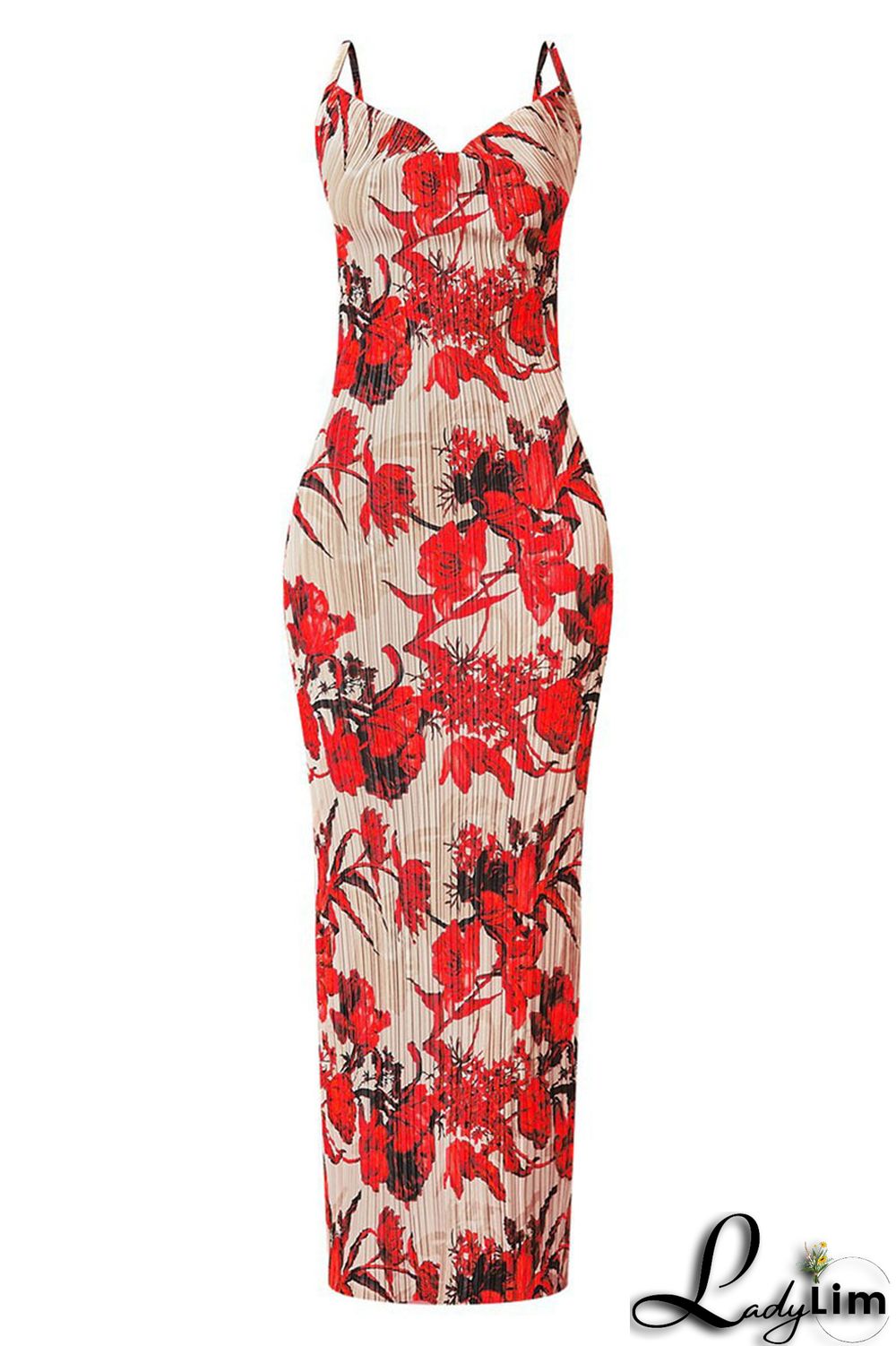 Apricot Red Sexy Print Patchwork Fold Spaghetti Strap Pencil Skirt Dresses