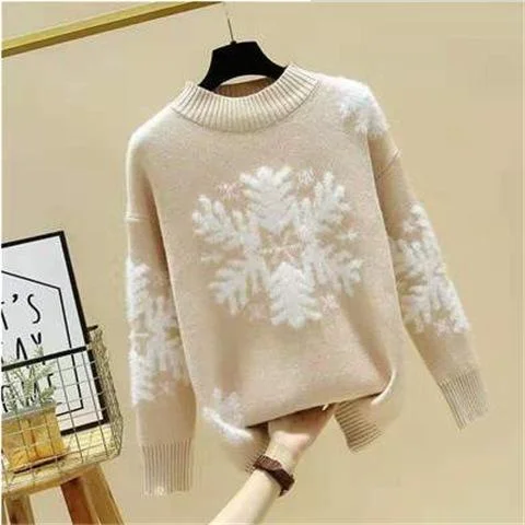 Women's Sweaters Loose Round Neck Long Sleeve Christmas Snowflake Sweaters