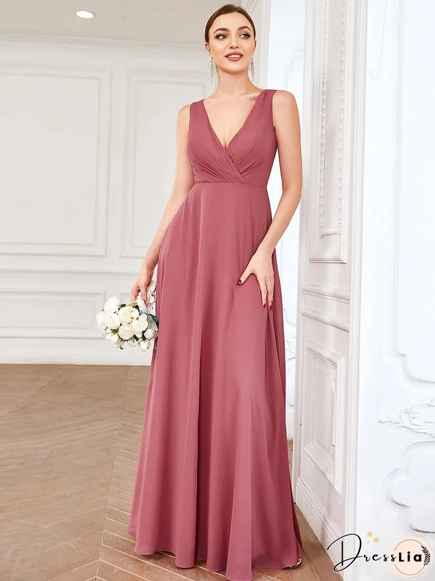 Sleeveless A Line Wholesale Bridesmaid Dresses with Deep V Neck