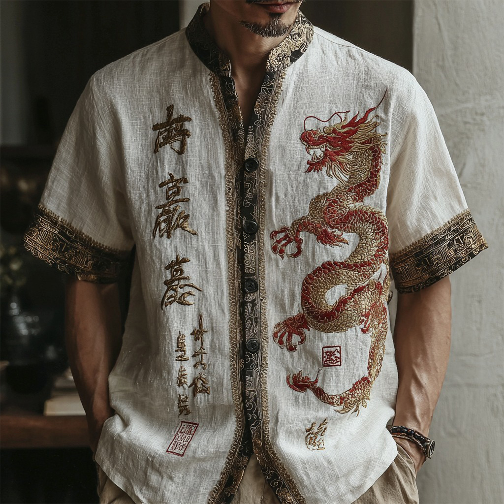 Men's Vintage Japanese Dragon & Calligraphy Art Casual Linen Blend Shirt elevenforest