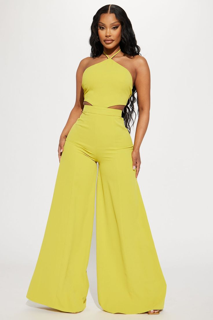 Lussooy Light Yellow Fashion Halter Strapless Wide-Leg Jumpsuit  