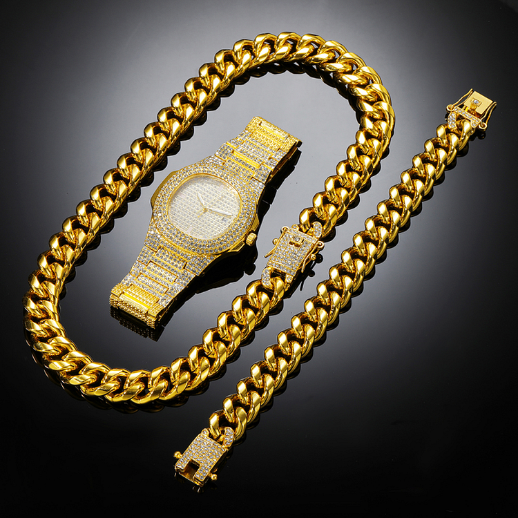 3Pcs Cuban Link Chain 12MM Necklace+Bracelet+Iecd Out Watch Hip Hop Jewelry Set-VESSFUL