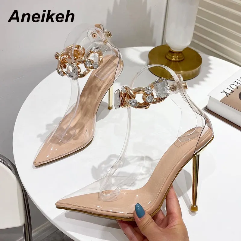 Aneikeh NEW Spring Fashion PU/PVC Women Pumps 2021 Sexy Crystal Pointed Toe Checkered Thin Heels ZIP Ladies Shoes Party Wedding