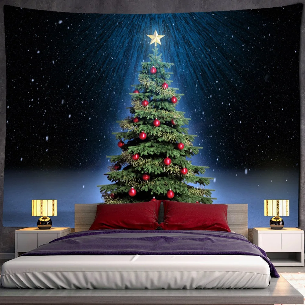 Night View Christmas Tree Tapestry Wall Hanging Holiday New Year Gift Dormitory Background Cloth Bed Curtain Home Decor