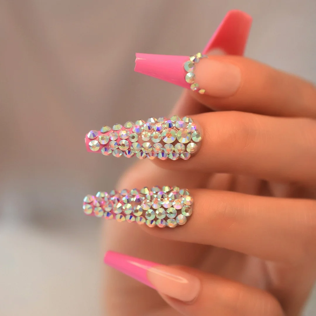 Rhinestones Nail Press Ons Extra Long Coffin 3d Designed Fake Nails Jewel Luxury Rosy Nude Royalty False Nail Tips-Nail Inspo