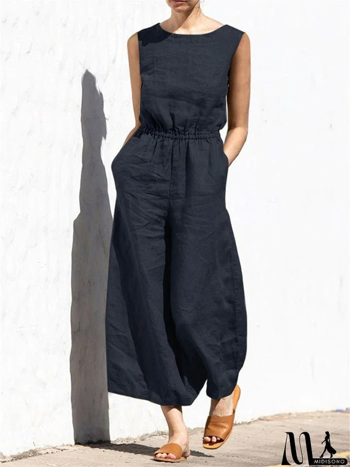 Summer Solid High Waist Sleeveless Lady Fashion Classy Jumpsuit