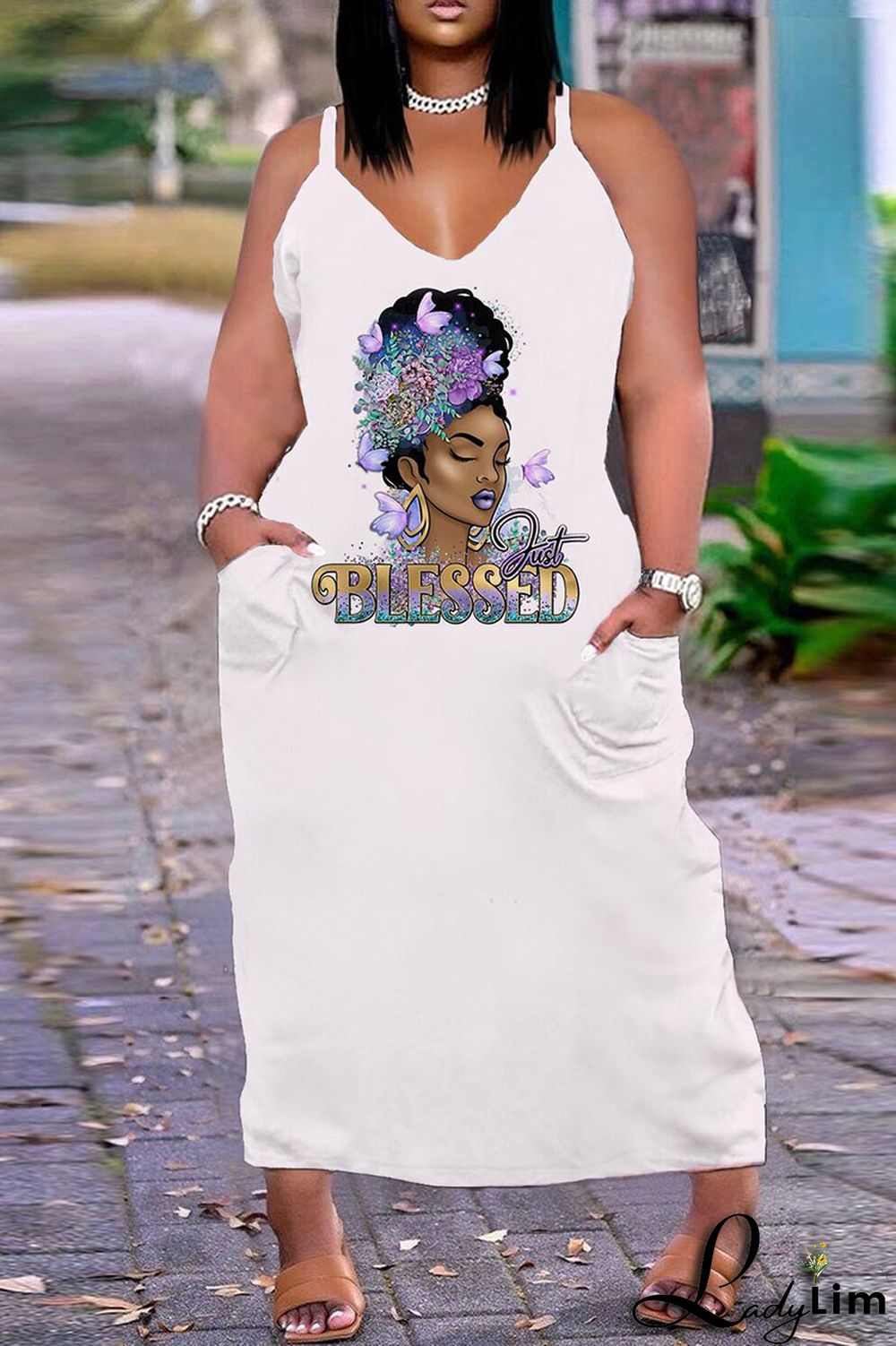 White Orange Sexy Casual Plus Size Print Backless V Neck Sling Dress