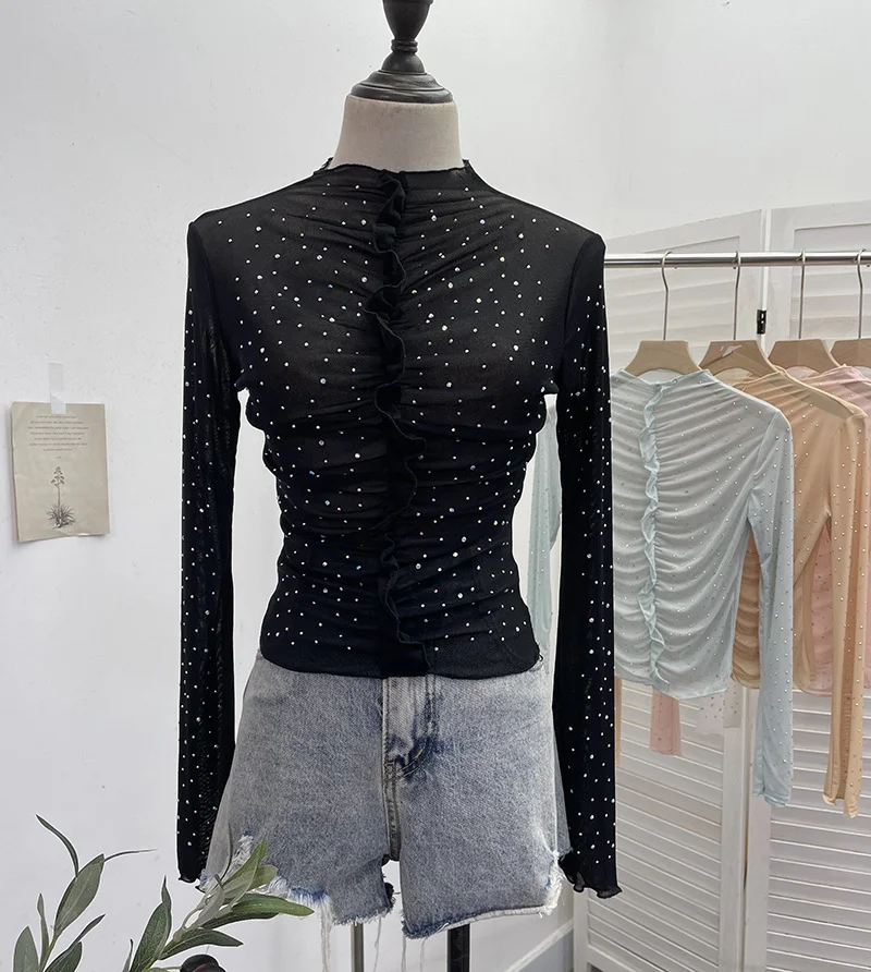 Uveng Real Shooting 2024 New Hot Diamond Half-High Collar Perspective Thin-Bottomed Shirt Mesh Top Beautiful Chic Shirt 2635