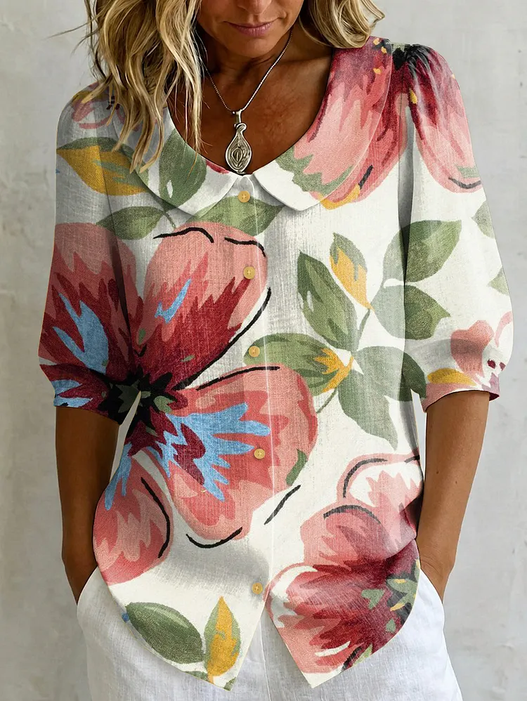 Bohemian-style Watercolor Floral Print Button-down Casual Cardigan With Doll Collar