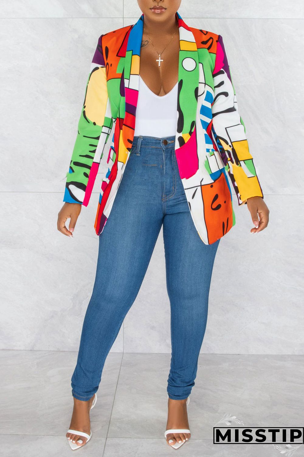 Green Fashion Casual Print Patchwork Cardigan Turn-back Collar Outerwear