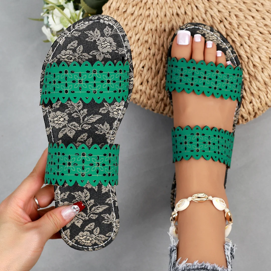 Tanguoant Tanguoant Plus Size Flat Slippers Female Summer Wear One-Drag Hollow-Out Fashion Print Casual Beach Sandals
