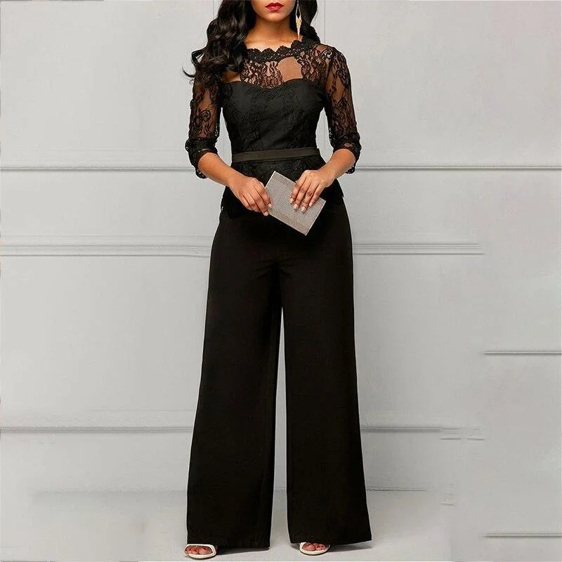 2021 New Spring Autumn Women Lace high waist 2 Pcs Pant Sets Solid Lace Top+ Long Pant Formal Wear Casual Sets Wide leg pants 1108-1