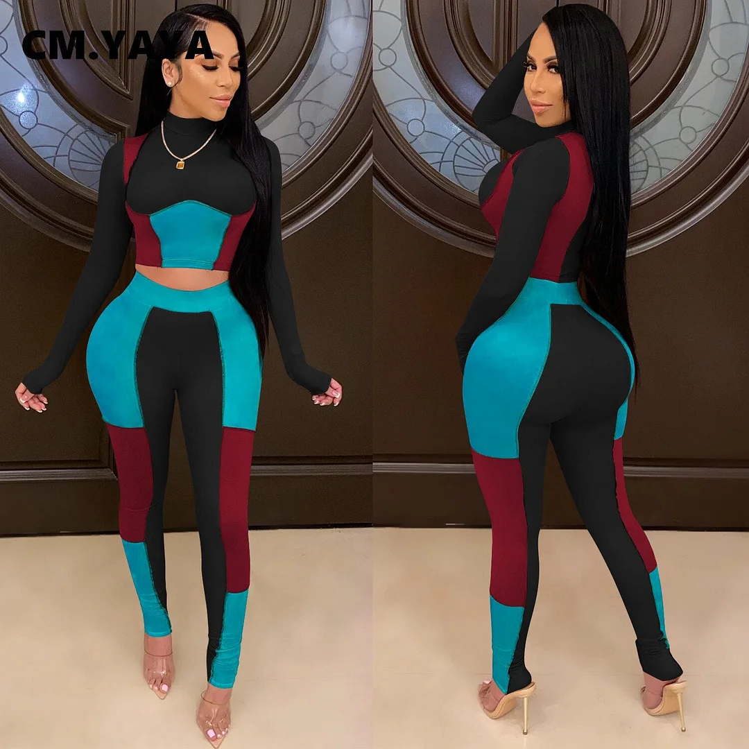 CM.YAYA Active Patchwork Sweatsuit Women's Set Long Sleeve Tee Tops Pants Suit Streetwear Tracksuit Two Piece Set Fitness Outfit