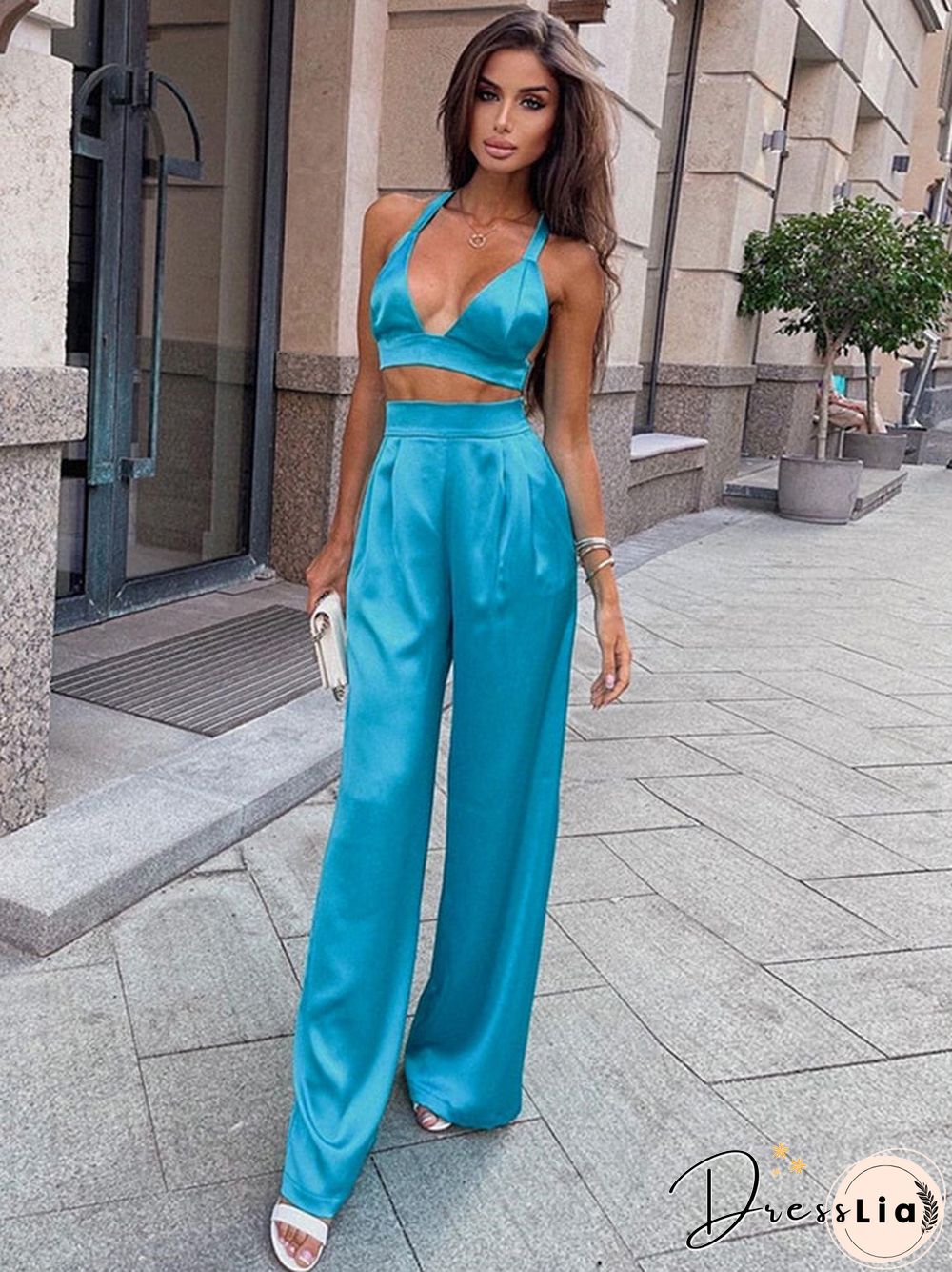 Silky Satin Camis Crop Top And Pants 2 Piece Set For Women Matching Sets Outfits Sexy High Waist Pants Streetwear