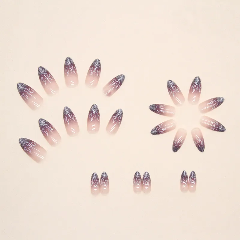 Churchf Churchf Ins Wind Flash Almond Nail Purple Gradient Flame Pattern Wearing Nail Finished Fake Nails