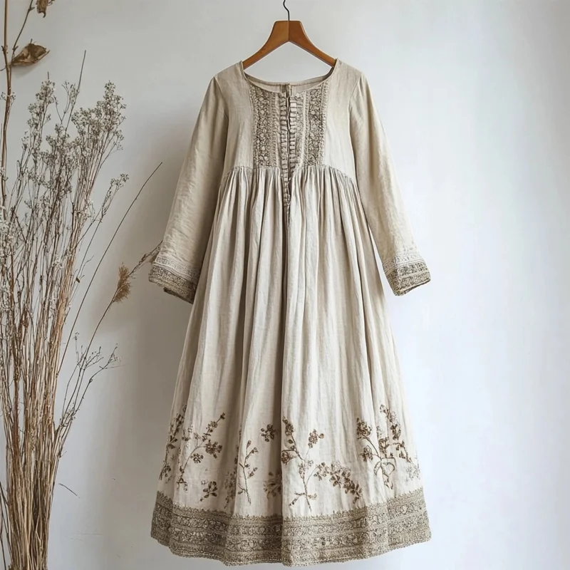 Vintage Floral Embroidered Lace Patchwork Linen Maxi Dress